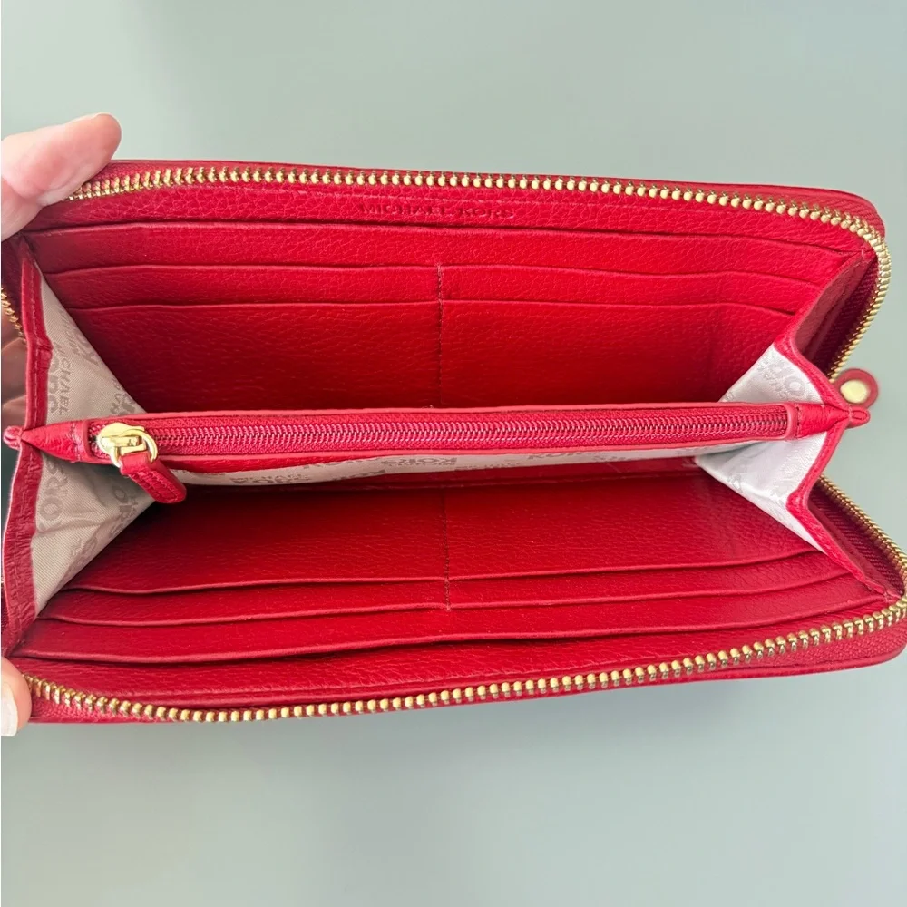 Michael‎ Kors Red Leather Zip Around Continental Wallet Gold Tone Hardware